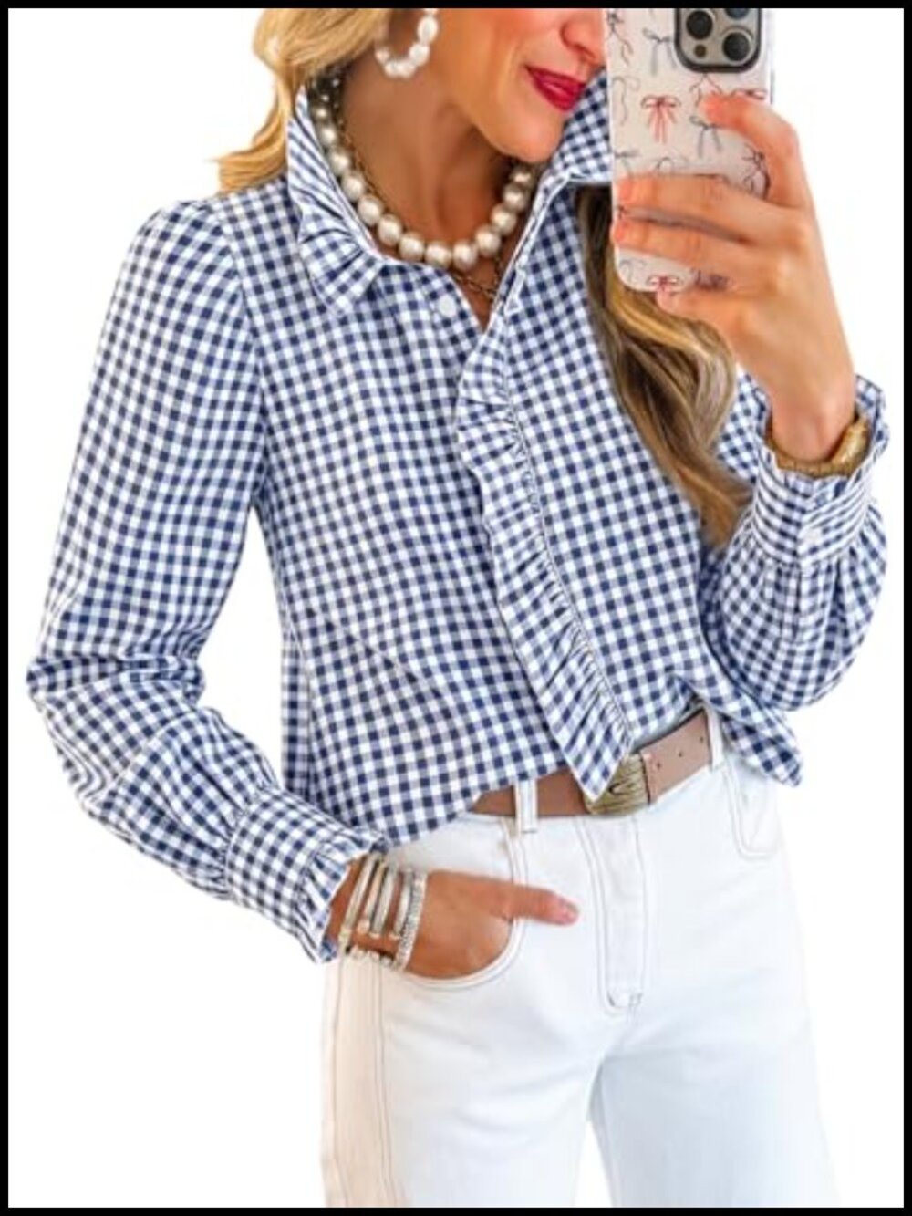 Long Sleeve Ruffle Collar Button Down Blouse for Women Soft Stretchy Work Top